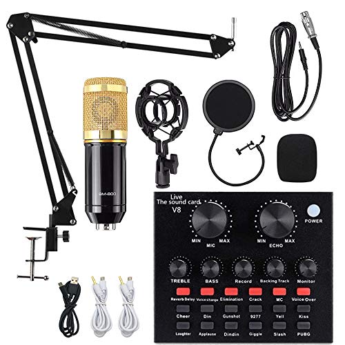 Kit de micrófono de Condensador V8 con Tarjeta de Sonido en Vivo BM-800, Brazo de suspensión Ajustable, Soporte de Choque de Metal y Filtro Pop de Doble Capa para Estudio de grabación (Dorado)