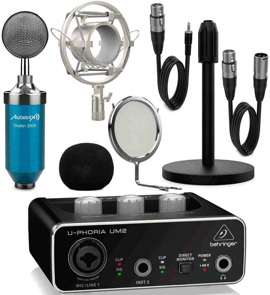 Behringer Interface Audio UM2 U-Phoria + Micrófono Estudio Blue Pack Dublín con Accesorios